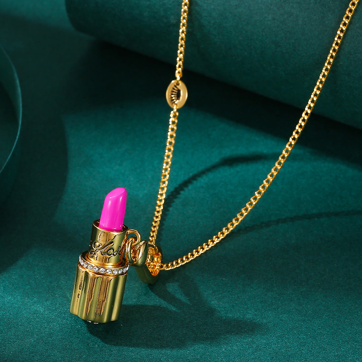 Collana con Ciondolo Rotante Rosa Barbie in Smalto e Diamanti Sintetici