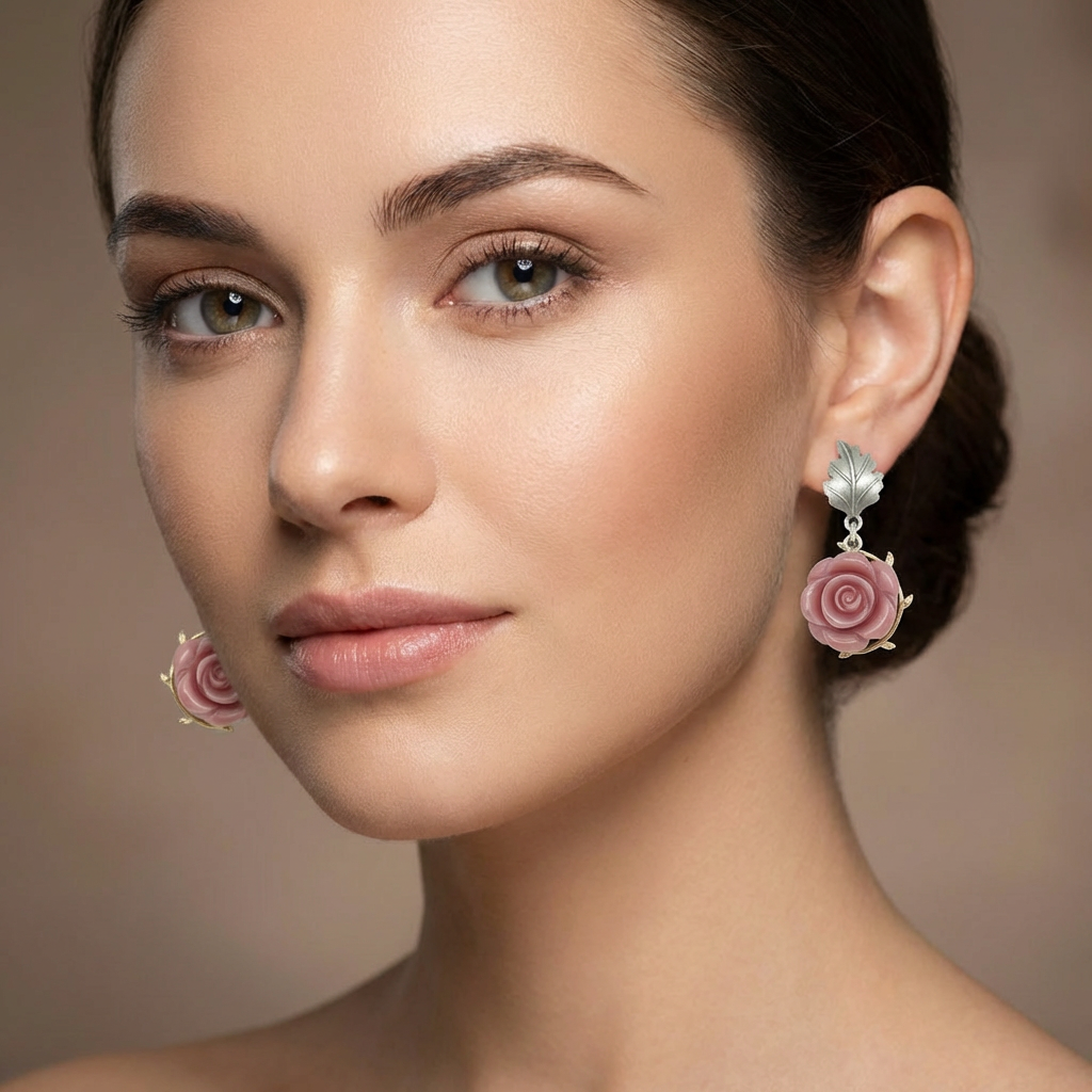 Romanticismo Eterno: Orecchini Rosa Cesellata con Foglia d'Argento