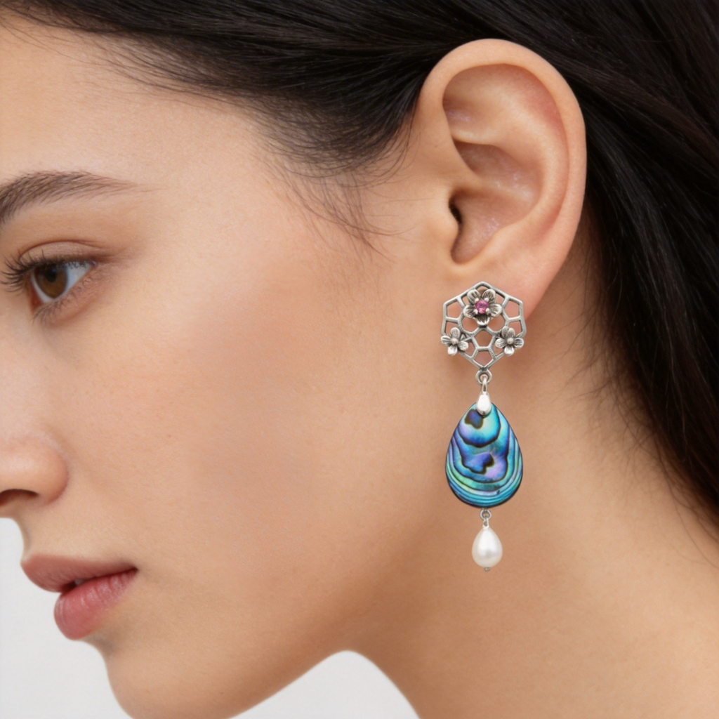 Giardino Marino Incantato: Orecchini Alveare con Tormalina Rosa e Madreperla Abalone