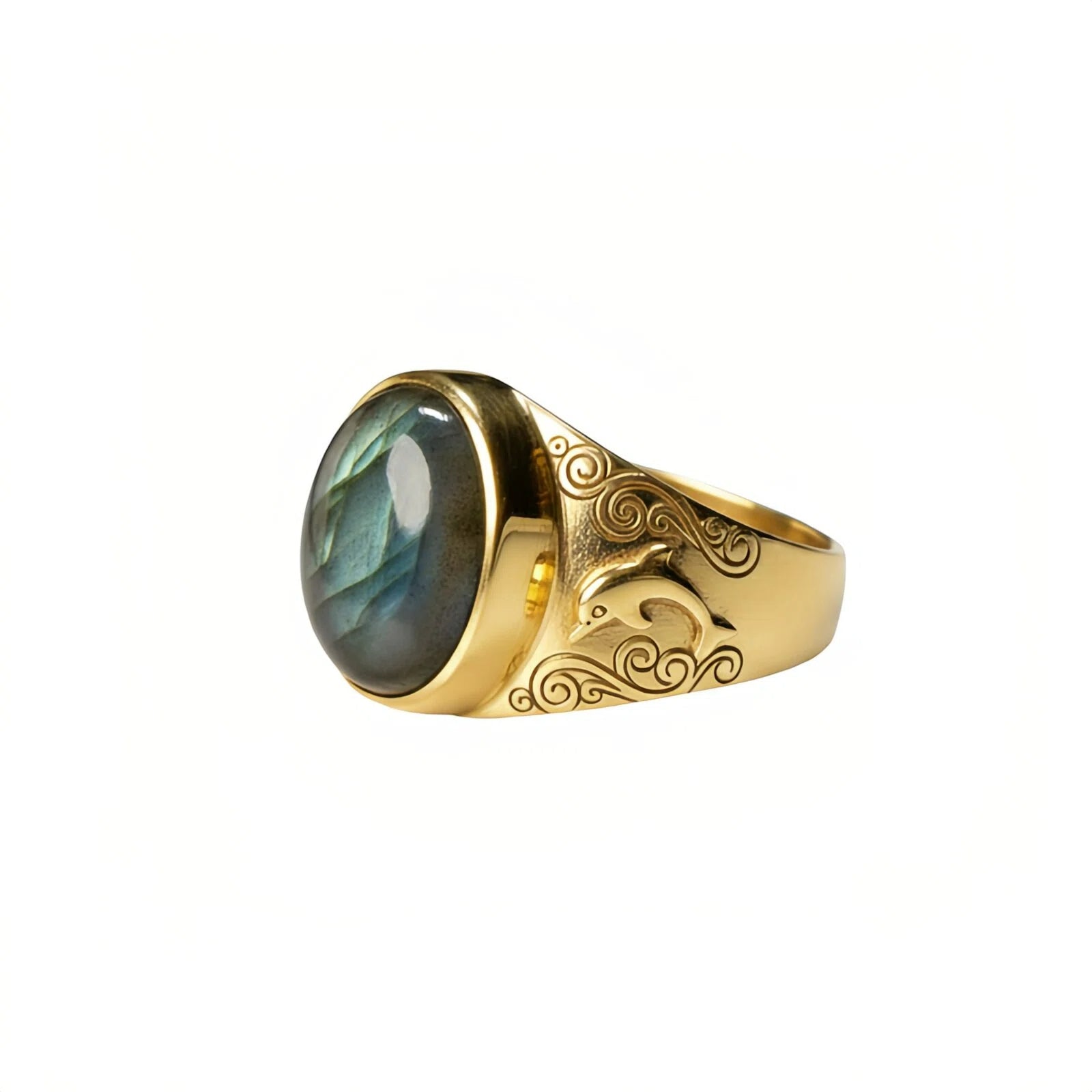 "Occhio del Mare" – Anello dorato con labradorite e incisioni marine