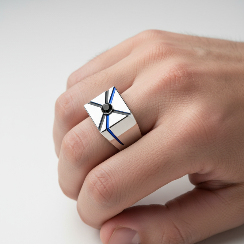 Luce Lineare – Anello in Argento con Onice Nera e Inlay Blu