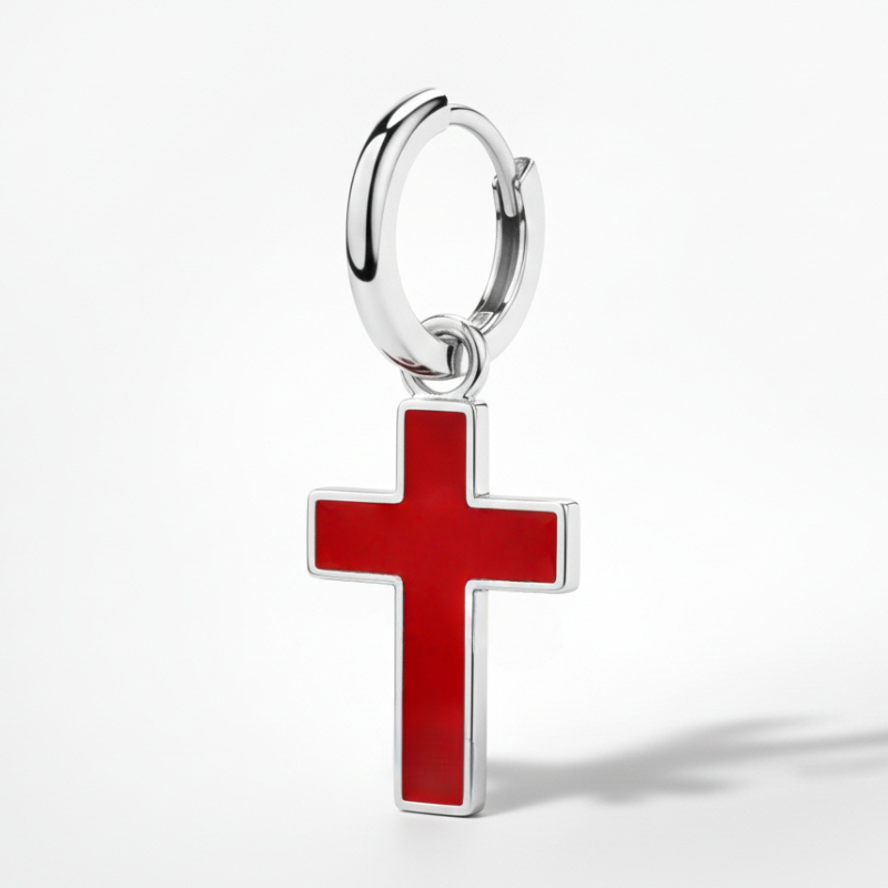 "Croce Fluida" – Orecchino pendente con smalto rosso vivo