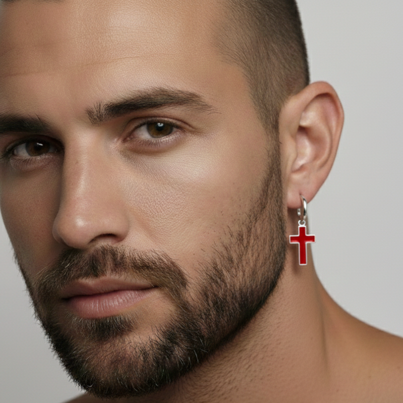 "Croce Fluida" – Orecchino pendente con smalto rosso vivo