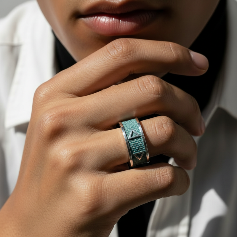 Tridente di Mare – Anello in Argento con Inlay Teal Intagliato