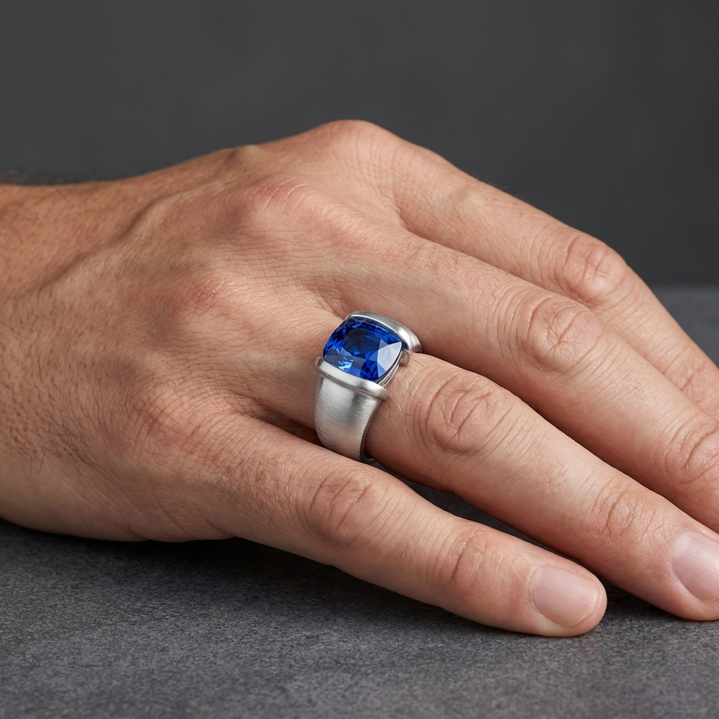 Anello Estellamare con gemma blu — Design audace in argento 925 indossato su una mano maschile.