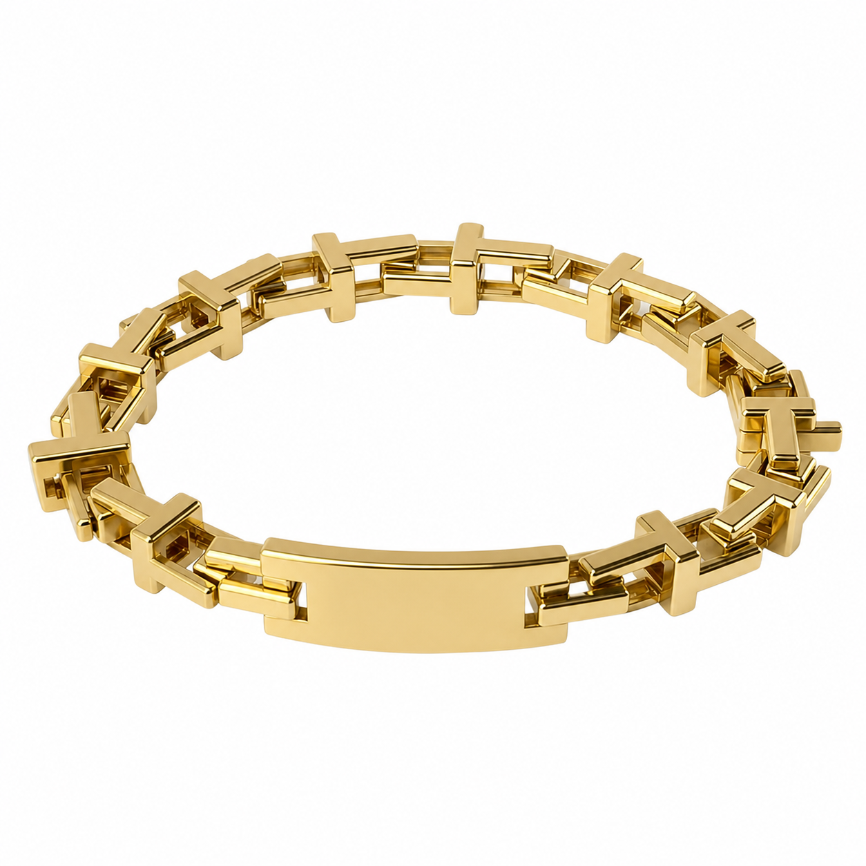 “Sigillo Urbano” – Bracciale Maschile in Oro con Maglie Architettoniche e Piastra Centrale