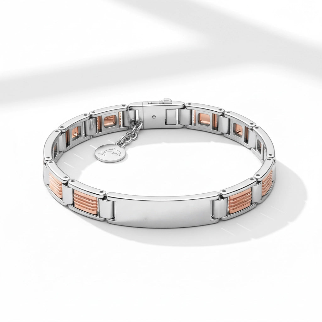Trama Solare – Bracciale Estellamare in acciaio e oro rosa con charm inciso