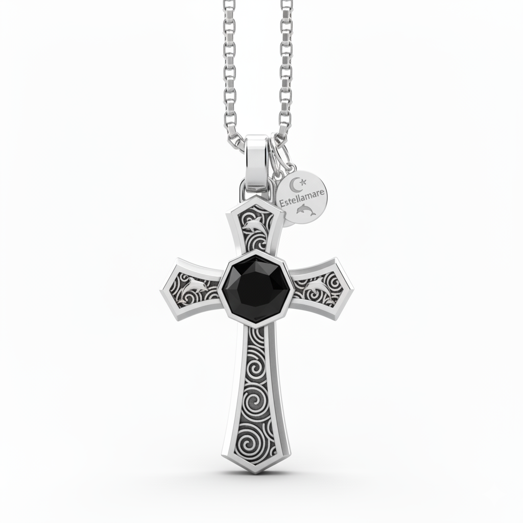 Estellamare “Croce Lunare” – Collana Maschile in Argento 925 con Pietra Nera