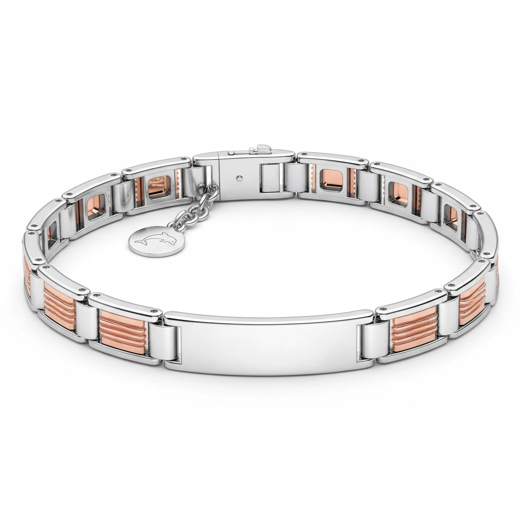 Trama Solare – Bracciale Estellamare in acciaio e oro rosa con charm inciso