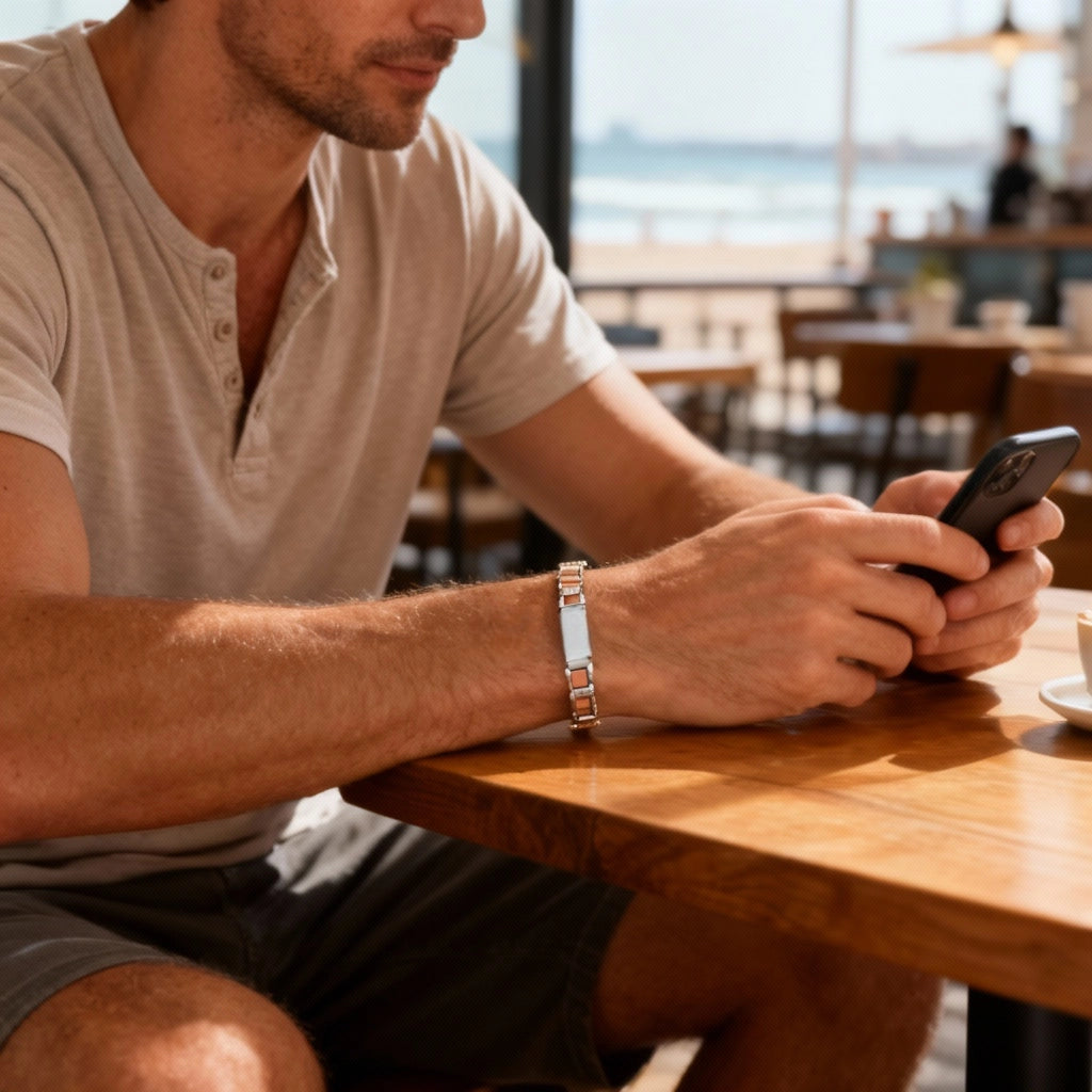 Trama Solare – Bracciale Estellamare in acciaio e oro rosa con charm inciso