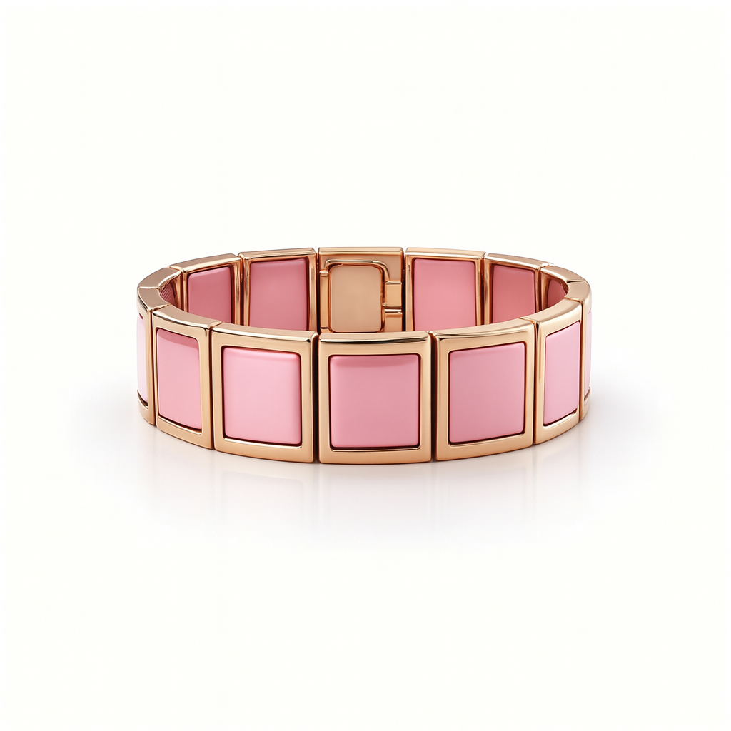 “Rosa Segmentata” – Bracciale Femminile in Oro Rosa con Smalto Pastello