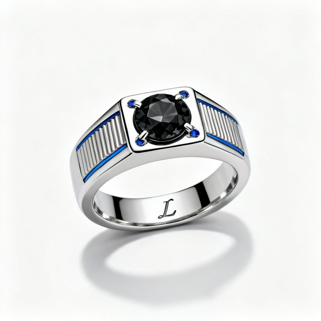 Orbita Marina – Anello in Argento con Onice Nera e Zaffiri Blu