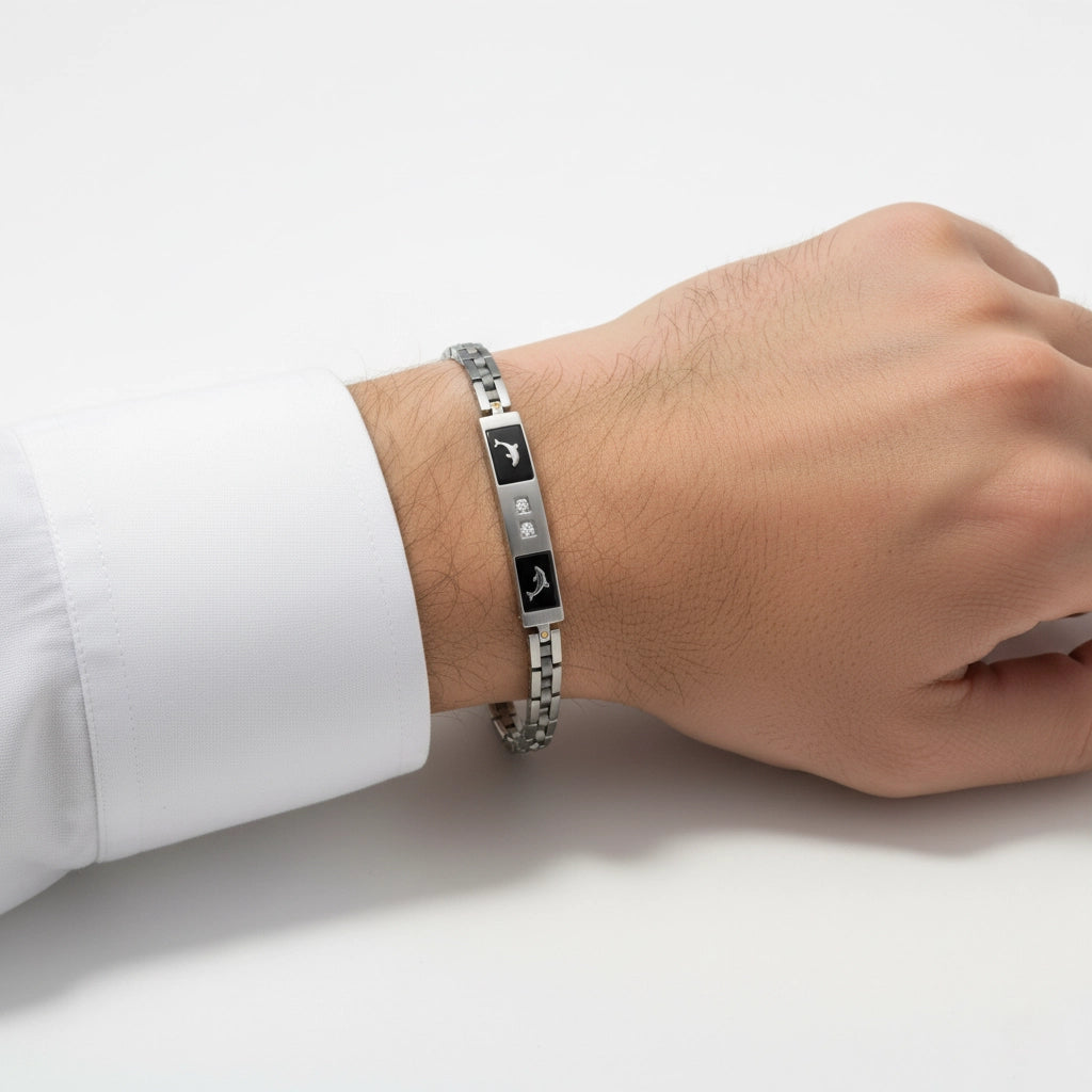 Onda Celeste – Bracciale Estellamare in acciaio con pietre trasparenti e motivi marini