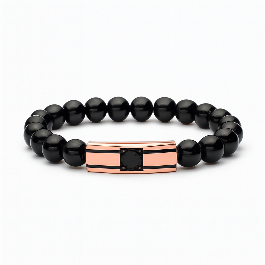 "Sigillo Notturno" – Bracciale Estellamare con perle nere e placca centrale IP oro rosa