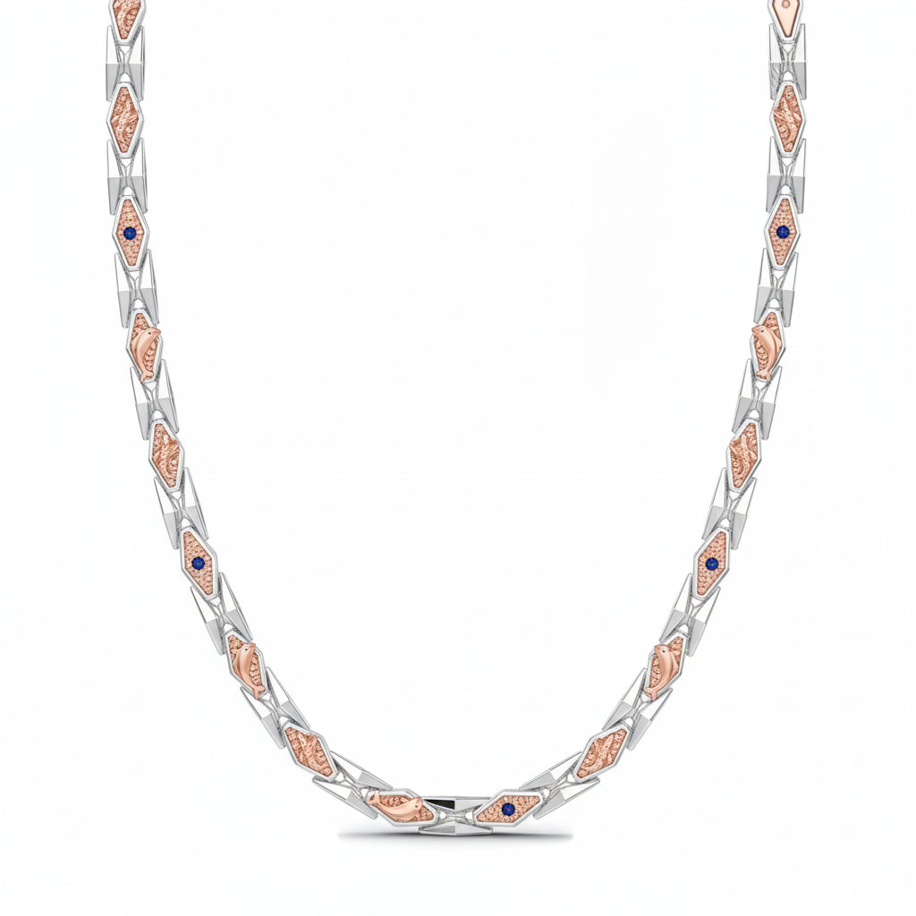 “Trama Delfino” – Collana Maschile in Acciaio Lucido, Oro Rosa Testurizzato e Zaffiri Blu