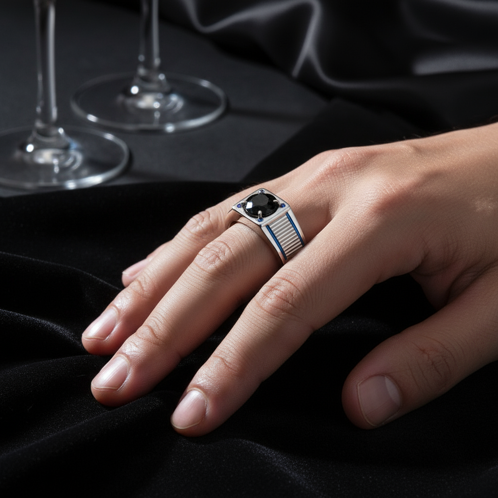 Orbita Marina – Anello in Argento con Onice Nera e Zaffiri Blu