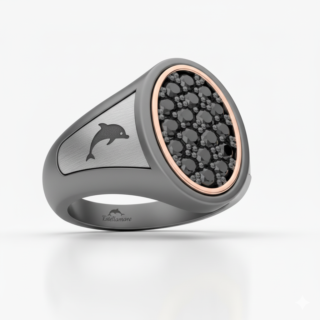 Eclissi Marina – Anello Ovale con Pietre Nere e Motivo Delfino