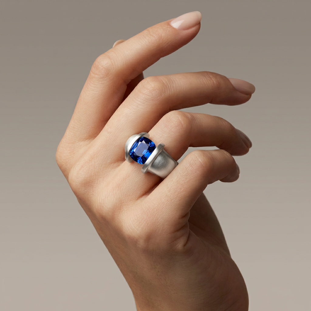 Anello Estellamare con gemma blu — Design audace in argento 925 indossato su una mano elegante.