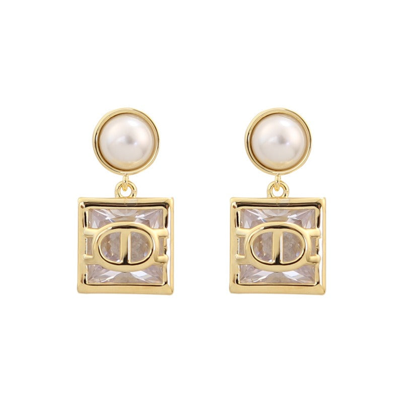 Orecchini Quadrati con Zirconi e Perla in Stile Light Luxury