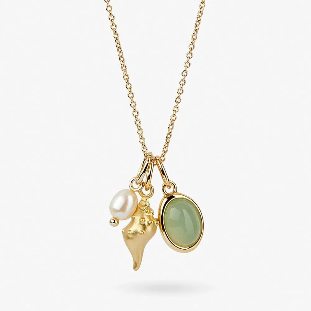 Collana con Ciondolo Conchiglia e Cristallo Naturale Placcata Oro 14K