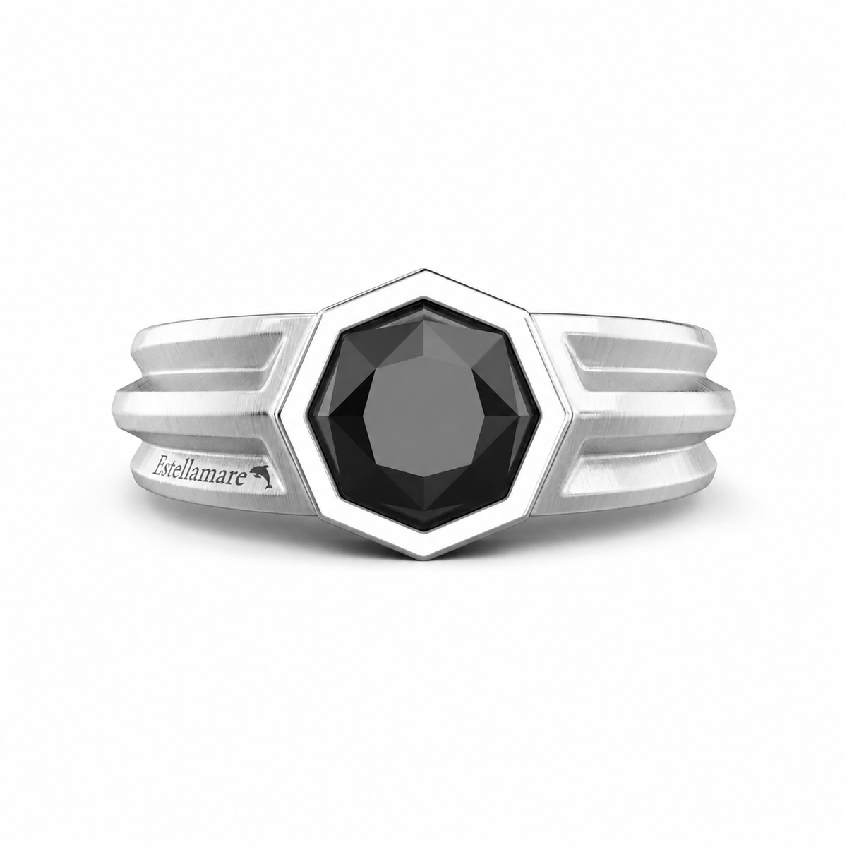 Nucleo Abissale – Anello in Argento con Onice Esagonale e Strati Scultorei