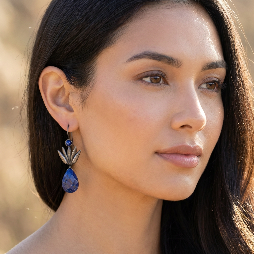 Saggezza Celeste: Orecchini Loto con Lapislazzuli e Argento Anticato