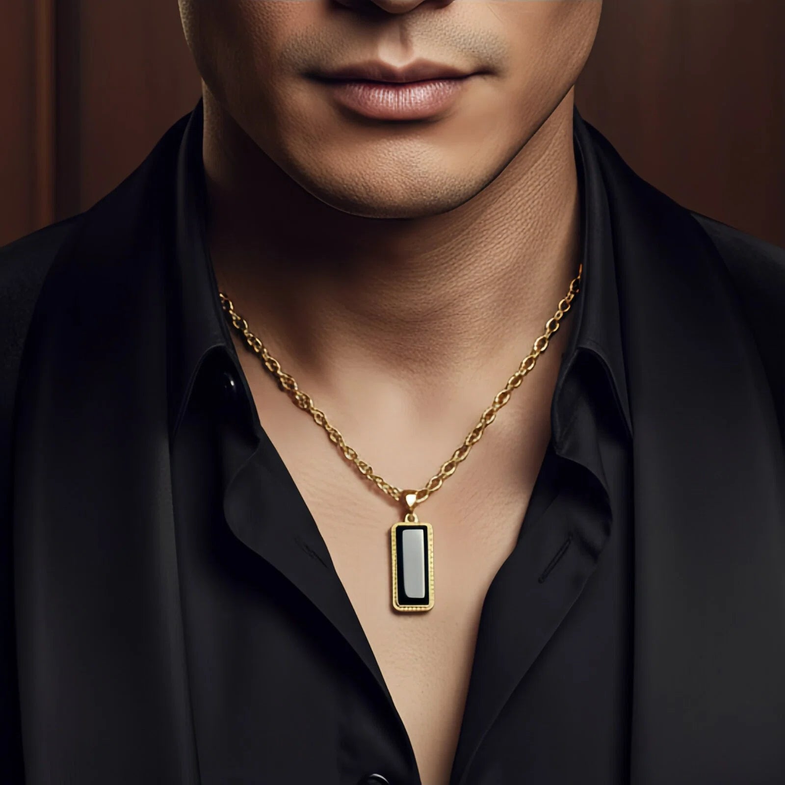 “Sigillo Nero” – Collana Maschile in Oro 18kt con Pendente Rettangolare Nero