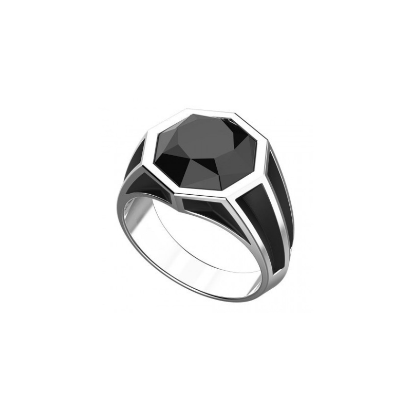 “Onda Notturna” – Anello Unisex in Argento con Gemma Nera e Motivo Marino Inciso