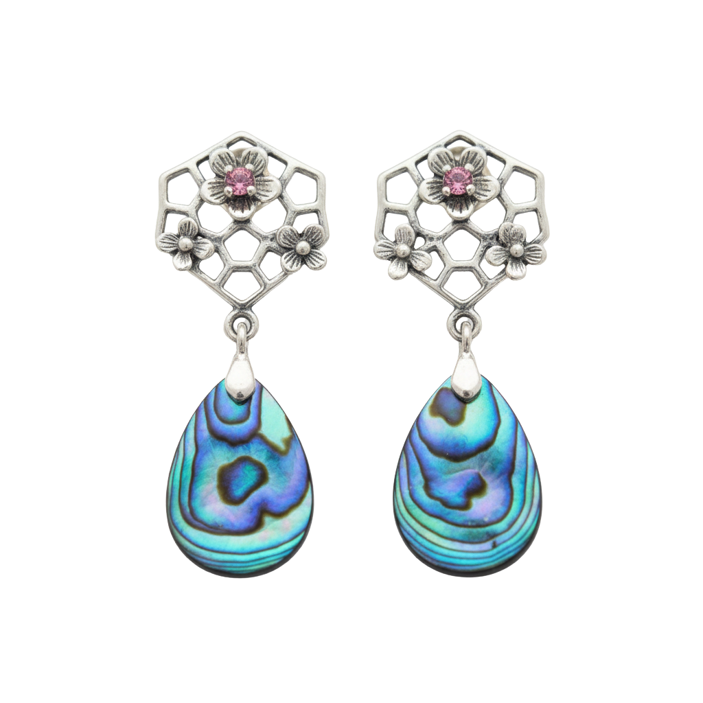 Giardino Marino Incantato: Orecchini Alveare con Tormalina Rosa e Madreperla Abalone