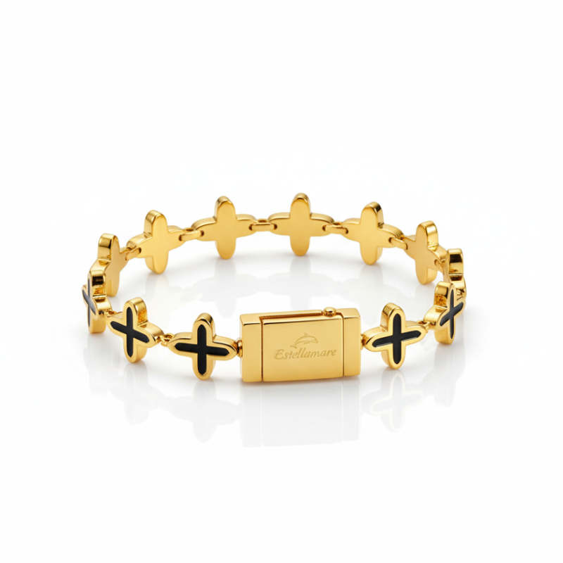 Croce Aurea – Bracciale Estellamare in acciaio dorato con maglie a croce incise