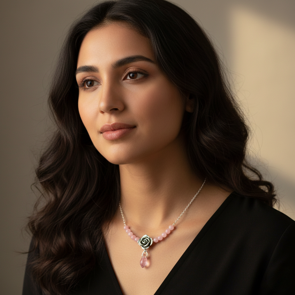 Rosa Eterna Romantica - Collana Floreale con Goccia di Cristallo Rosa