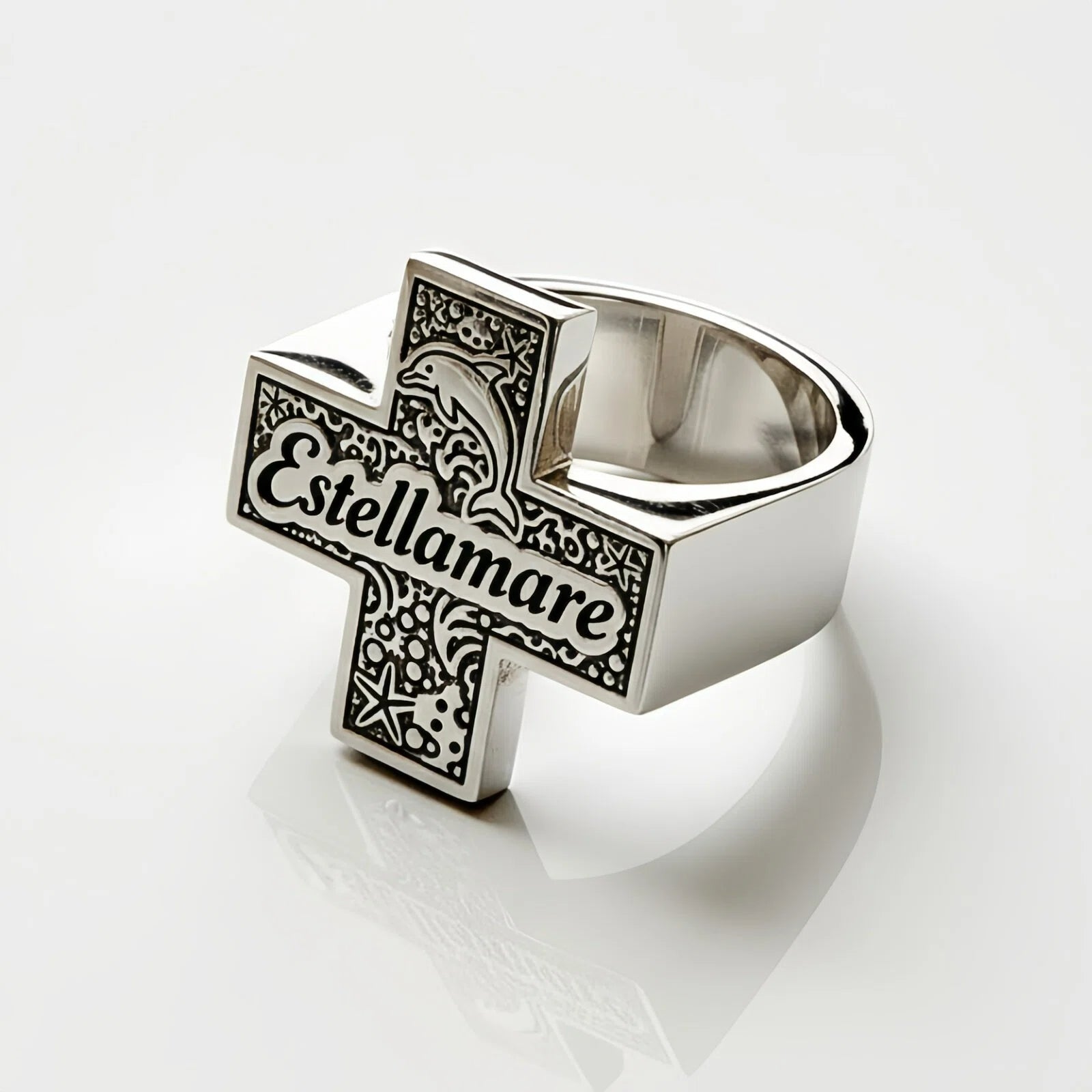 "Croce Marina" – Anello scultoreo con incisioni oceaniche e firma Estellamare