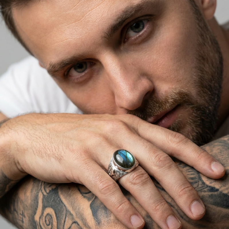 "Abisso Lucente" – Anello in argento con labradorite e incisioni marine