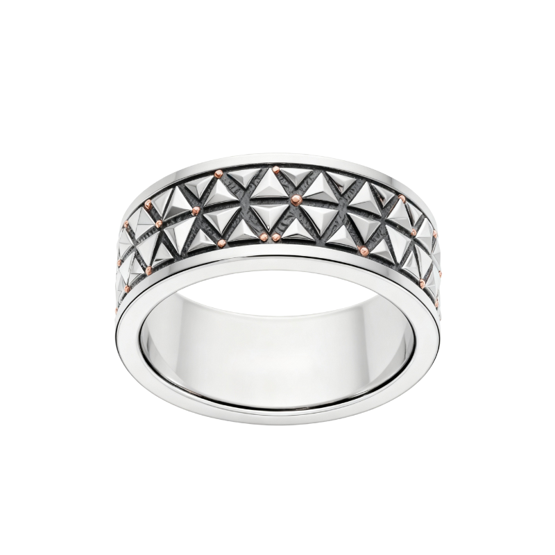 Scudo di Mare – Anello Architettonico in Argento e Dettagli Oro Rosa