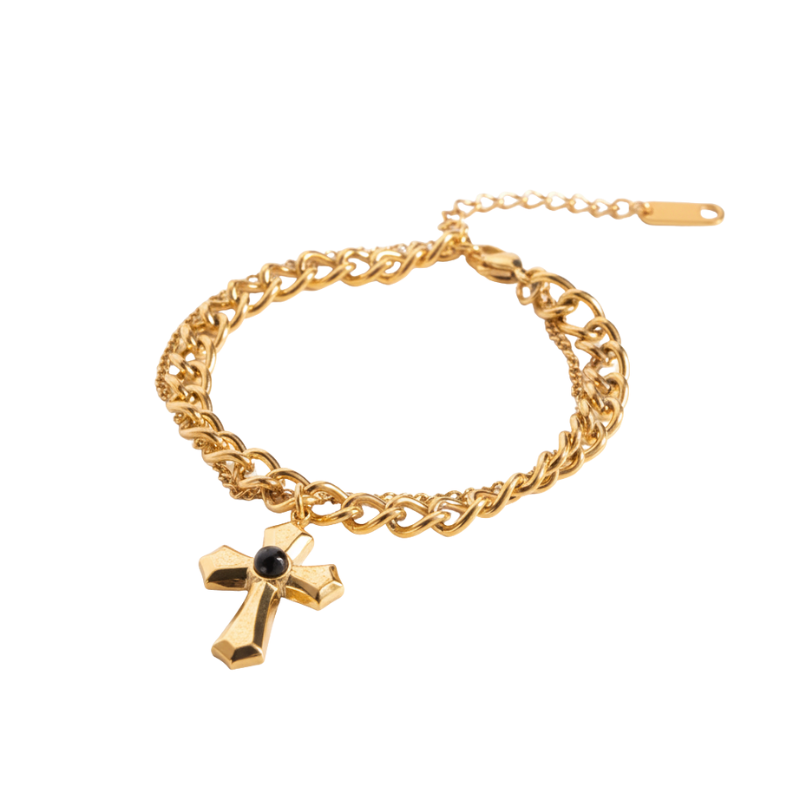 Bracciale con Croce in Acciaio Inossidabile e Agata Nera