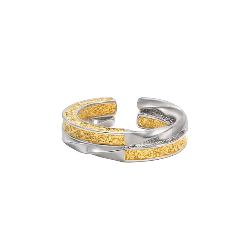 Gold And Silver Color Blocked Tang Grass Pattern Ring