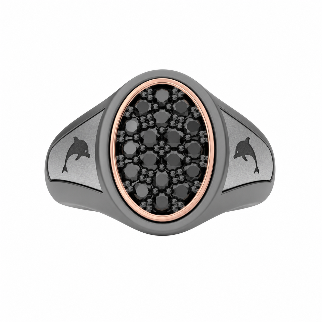 Eclissi Marina – Anello Ovale con Pietre Nere e Motivo Delfino