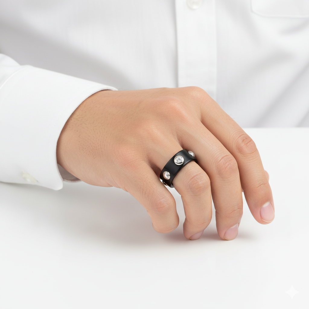 "Orbita Nera" – Anello Estellamare in argento 925 brunito con inserto diamantato