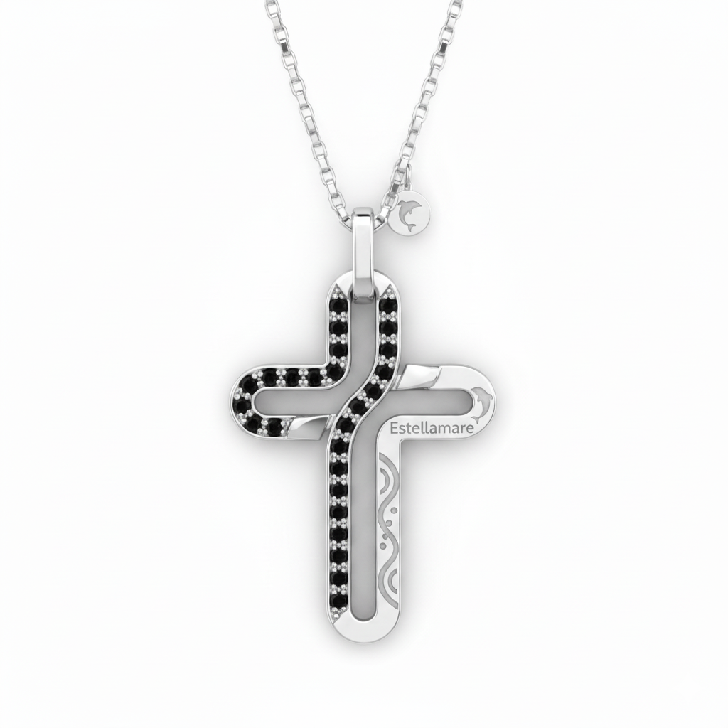 “Croce Duale” – Collana Maschile in Argento 925 con Pietre Nere