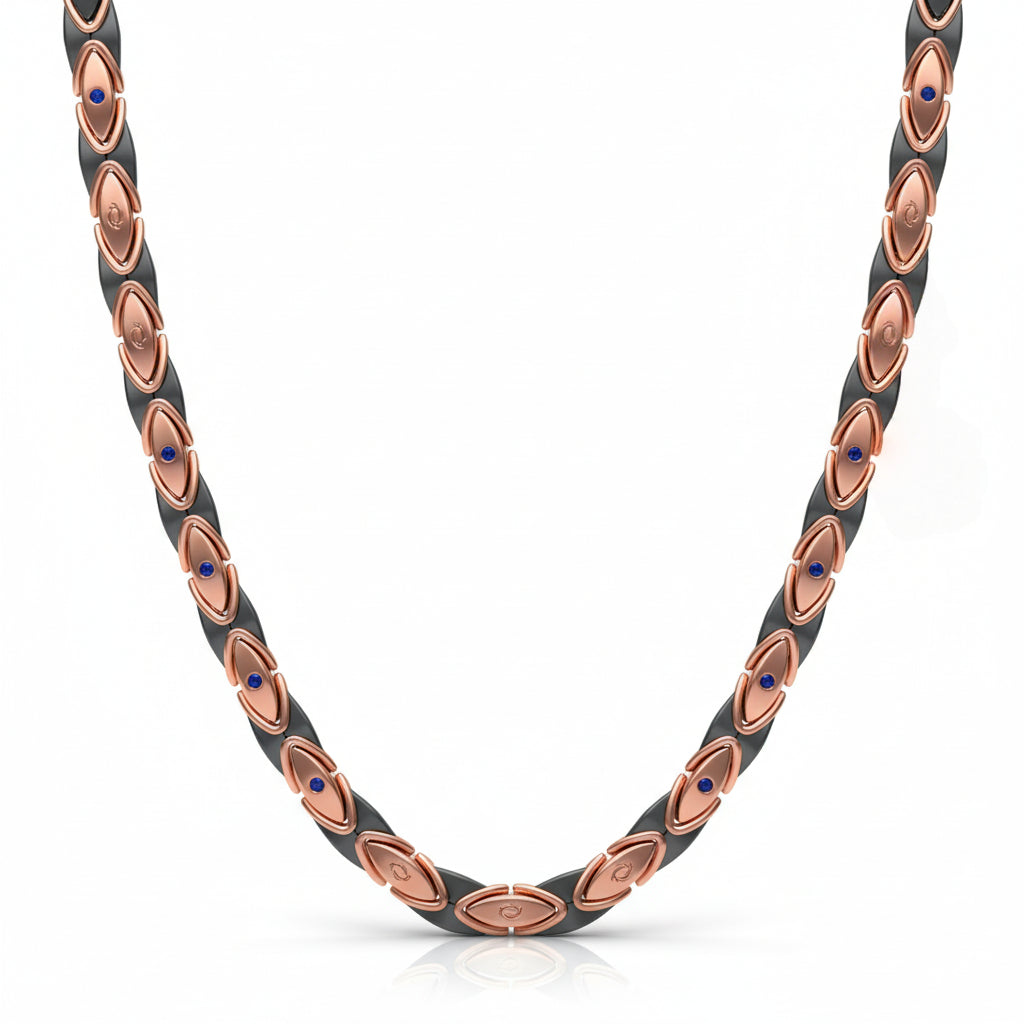 “Occhio Marino” – Collana Maschile in Acciaio Brunito e Oro Rosa con Zaffiri Blu