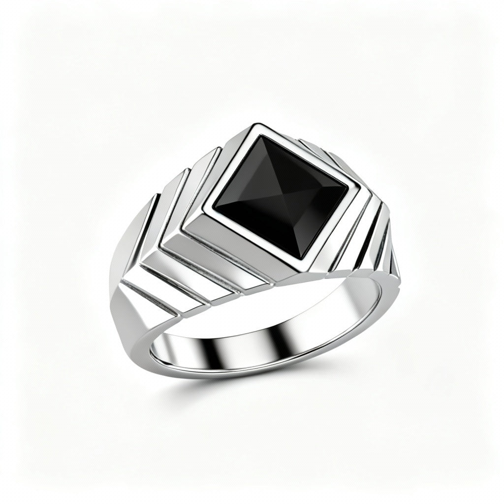 Vetta Silente – Anello in Argento con Onice e Geometria Chevron