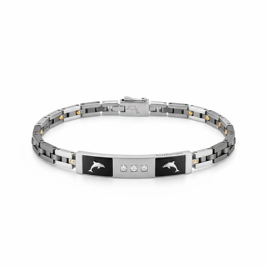 Onda Celeste – Bracciale Estellamare in acciaio con pietre trasparenti e motivi marini