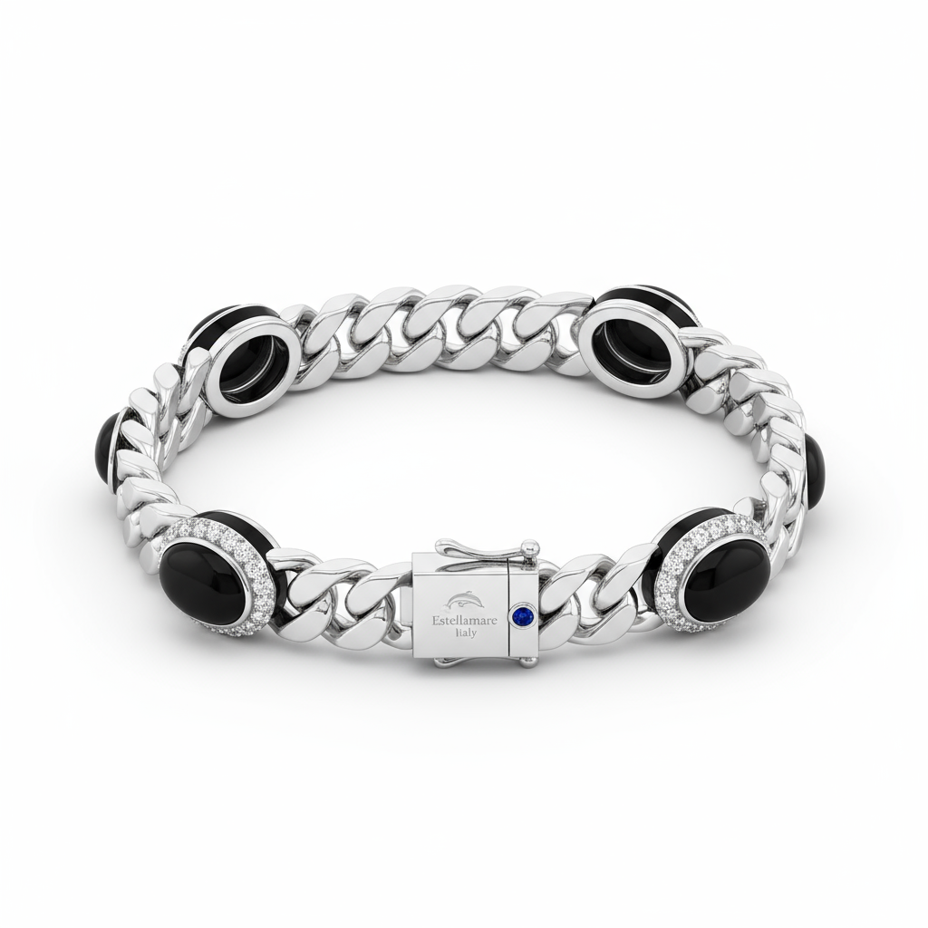 Corrente Stellare – Bracciale in Argento con Pietre Nere e Dettaglio Blu