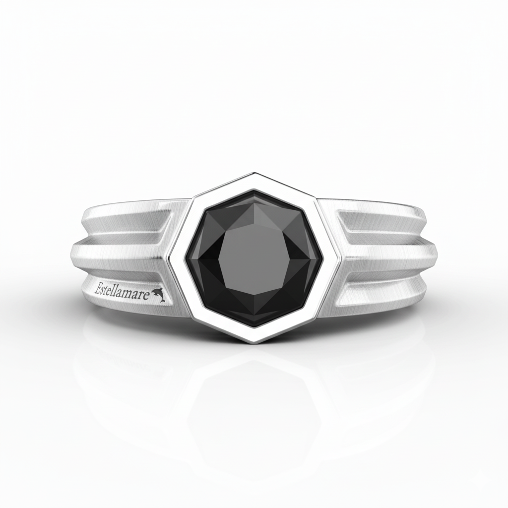 Nucleo Abissale – Anello in Argento con Onice Esagonale e Strati Scultorei