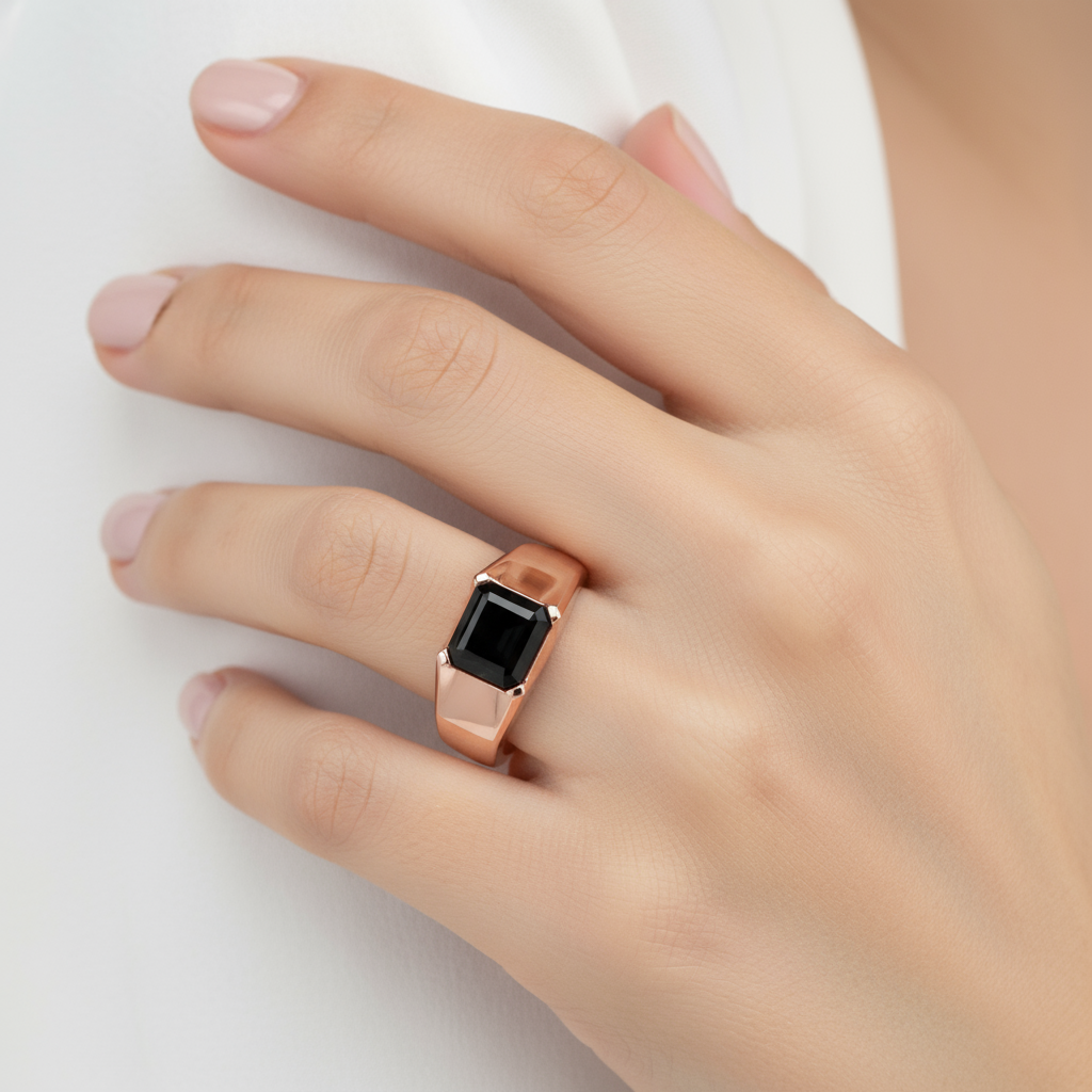 Notte Geometrica – Anello in Oro Rosa con Onice Rettangolare