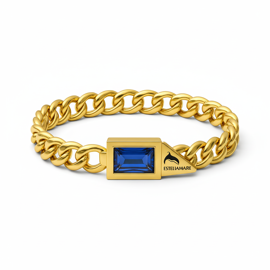 "Tesoro Blu" – Bracciale Estellamare in catena cubana placcata oro